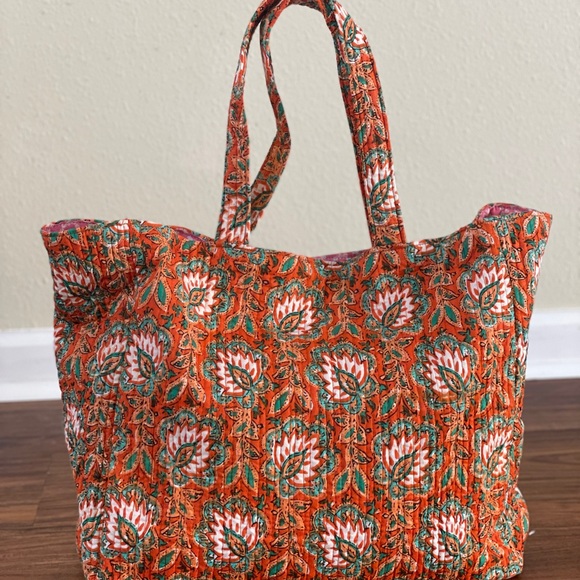 orange print Quilted tote beach summer shoulder bag reusable womens … - Picture 2 of 5